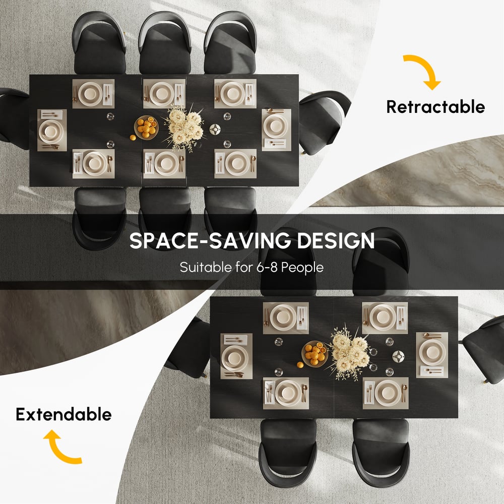 Dining Set 79"-94" Extendable Black Table with 8 Chairs window image