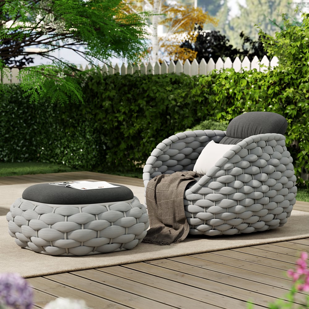 Tatta Outdoor Hand-Woven Rope Footrest Storage Ottoman in Gray window image
