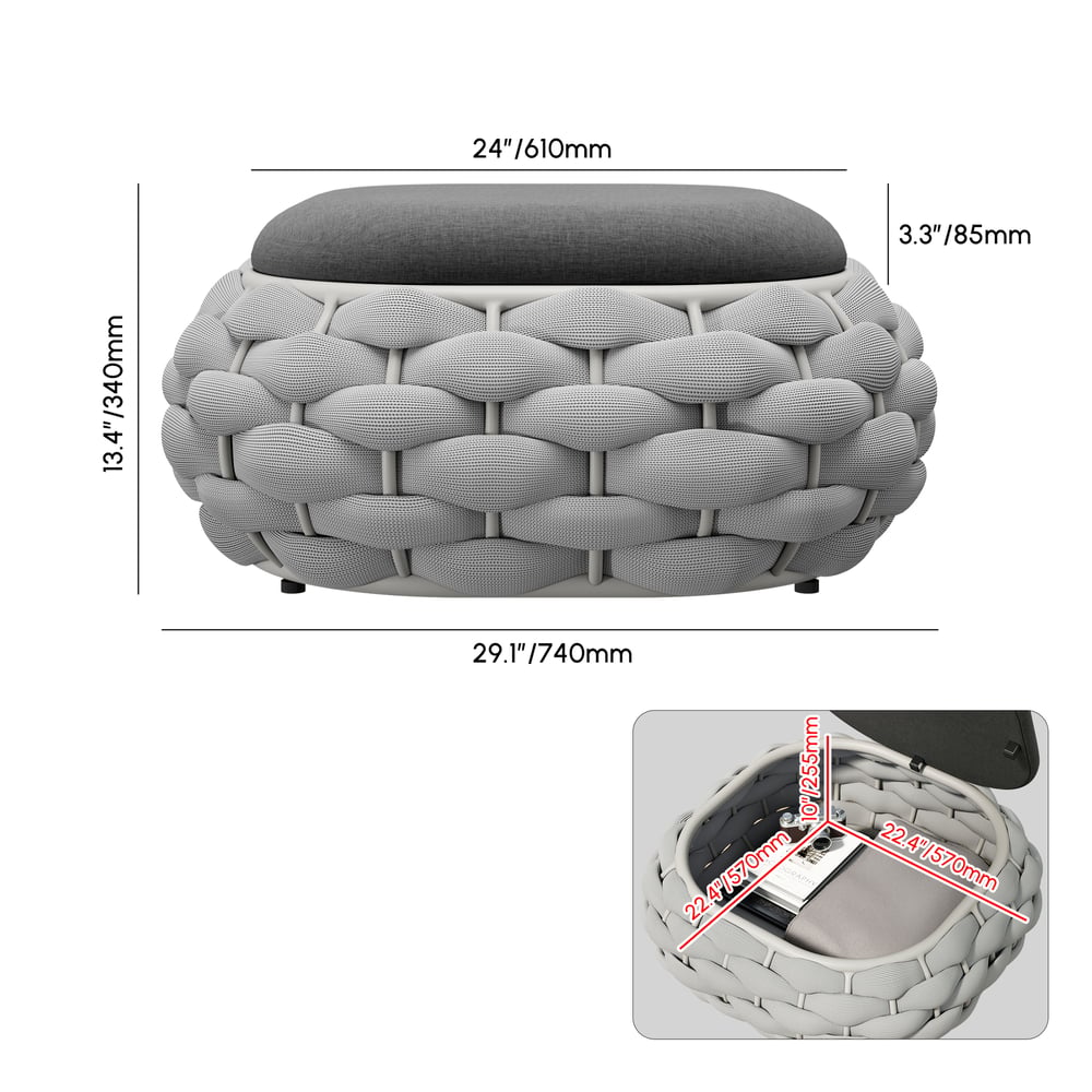 Poggiapiedi in corda intrecciata a mano da esterno Cocaro con contenitore, pouf in grigio Immagine con pesi e dimensioni