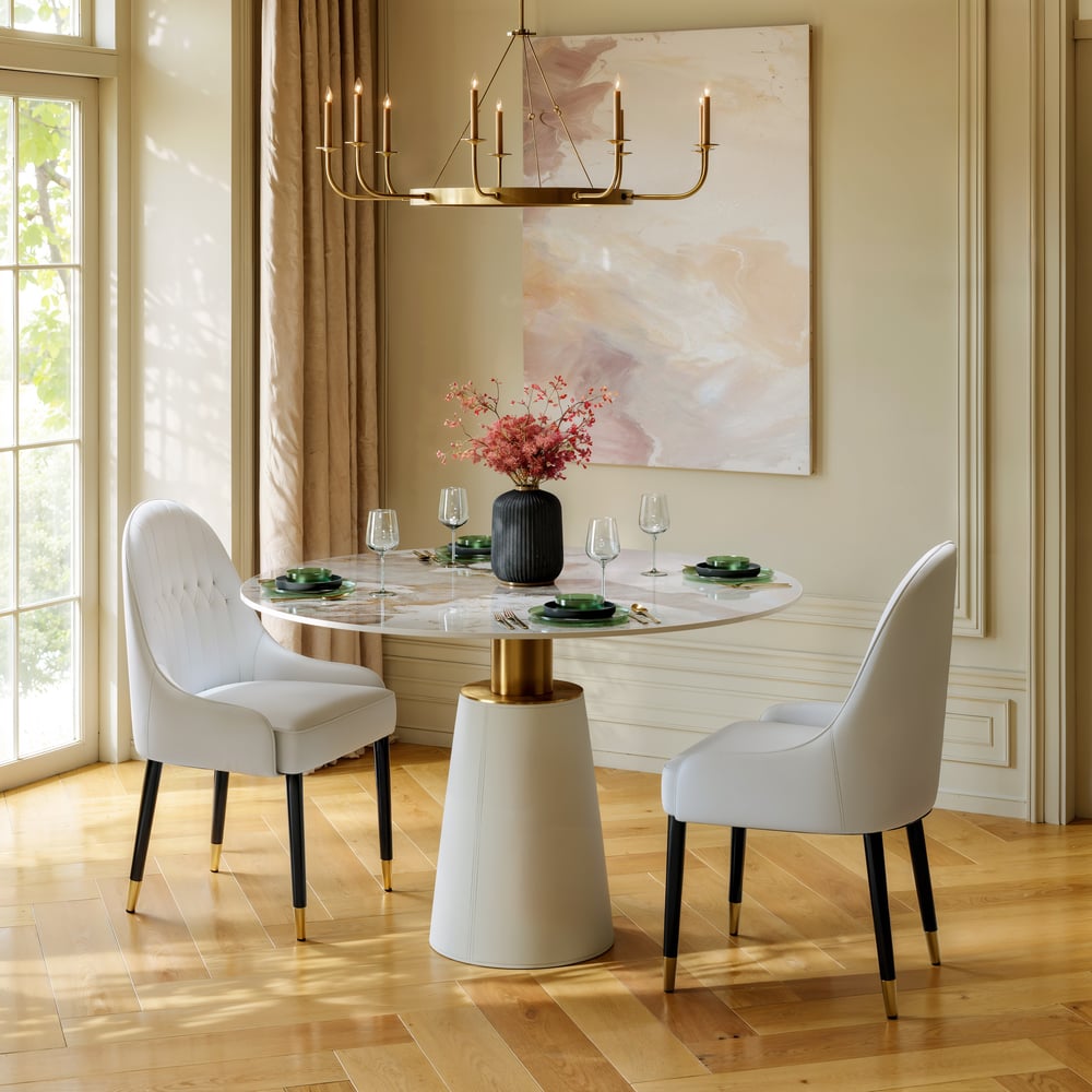 1000mm Sintered Stone Round Dining Table with Saddle Leather Base Seats 2-4 People window image