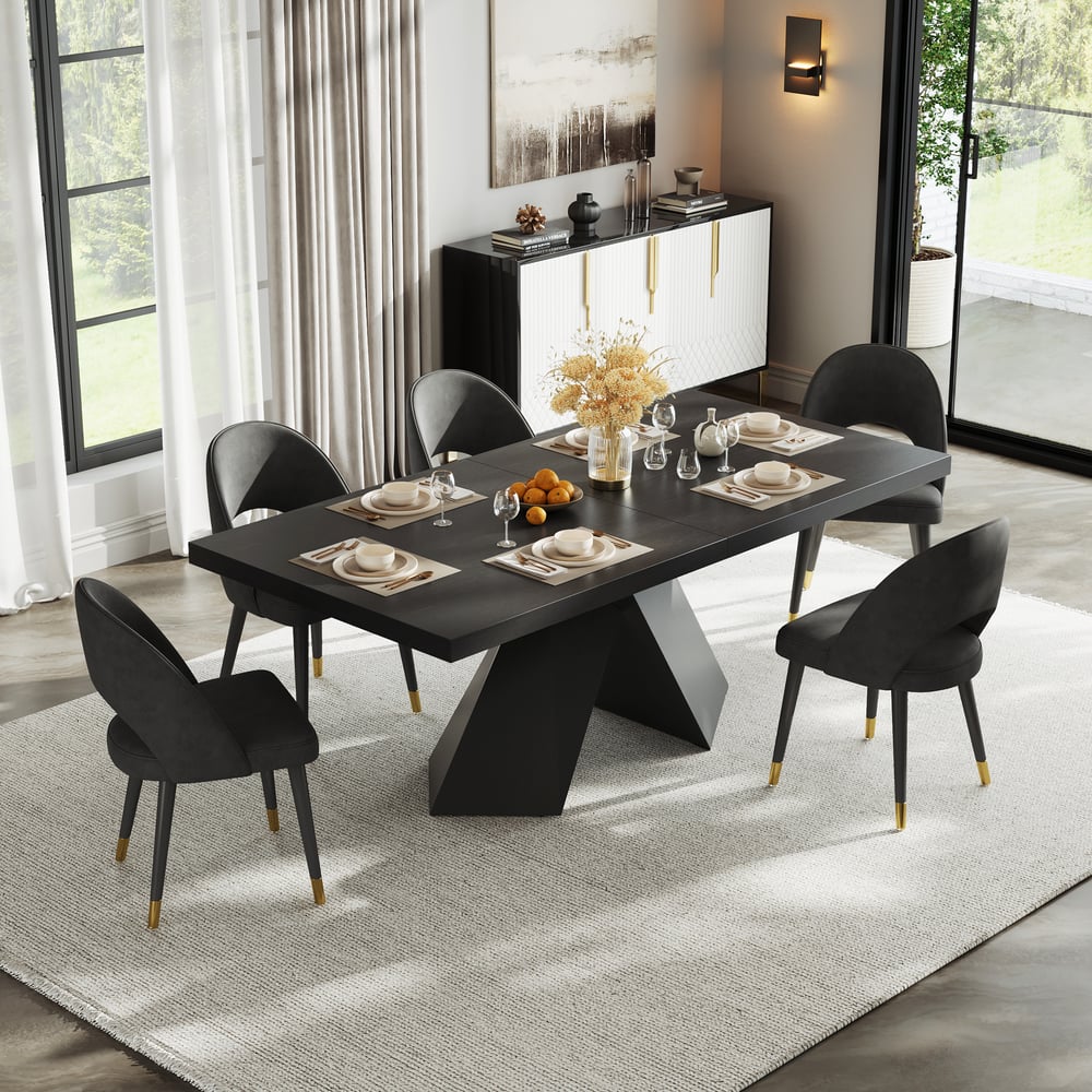 Dining Set 79"-94" Extendable Black Table with 6 Chairs window image