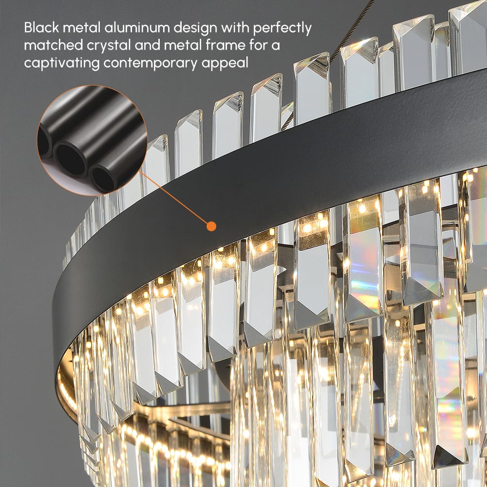 Fixedo Modern Tiered Crystal LED Chandelier in Black Light window image