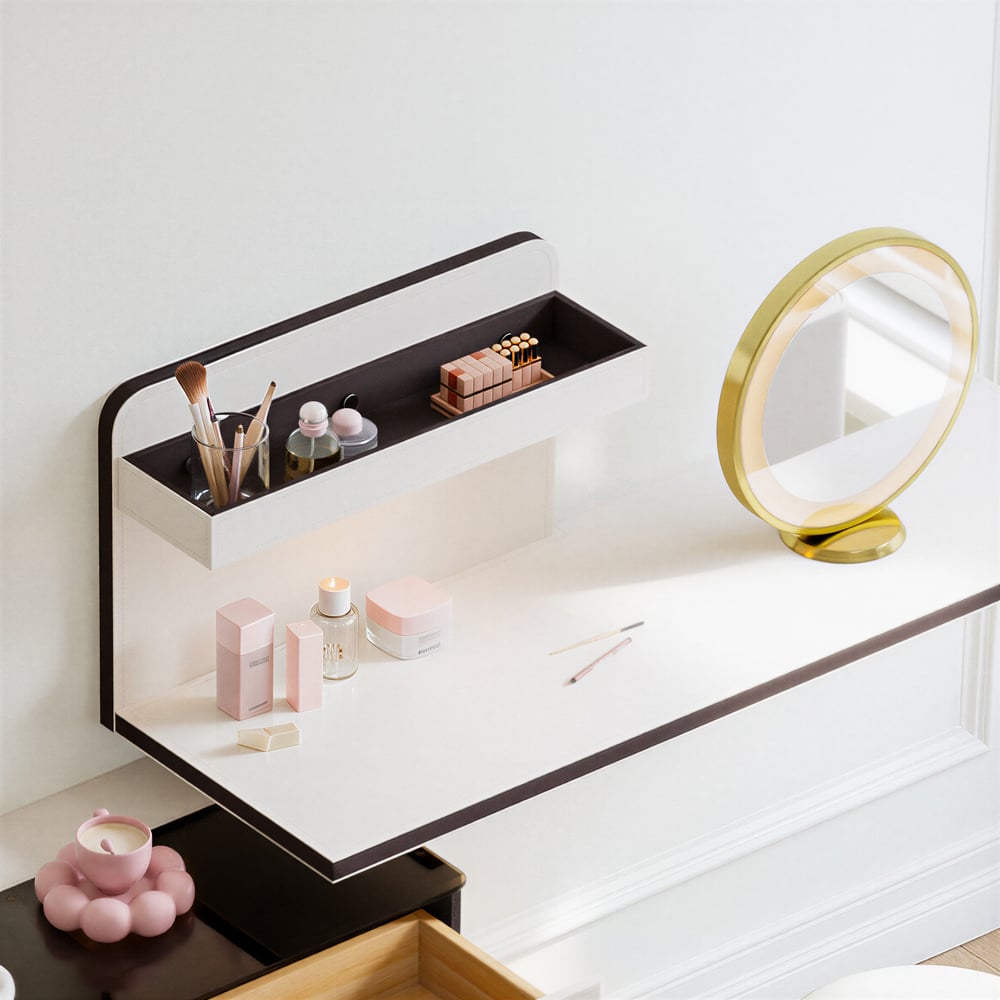 Saddle Leather Floating Makeup Vanity with Tempered Glass Top & Mirror window image