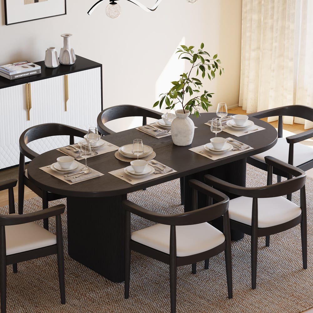 Dining Set 63"-79" Japandi Oval Extendable Dining Table Black with 6 Chairs window image