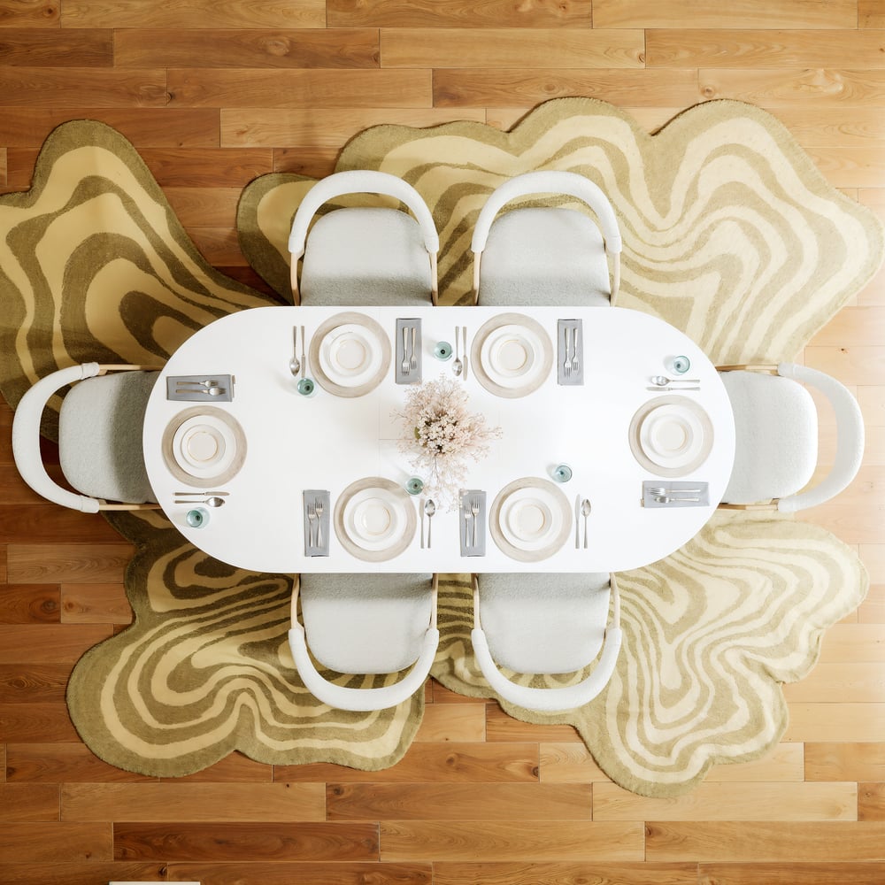 Ensemble table de salle à manger ovale extensible blanche Japandi 1600 mm à 2000 mm et 6 chaises de salle à manger image de fenêtre