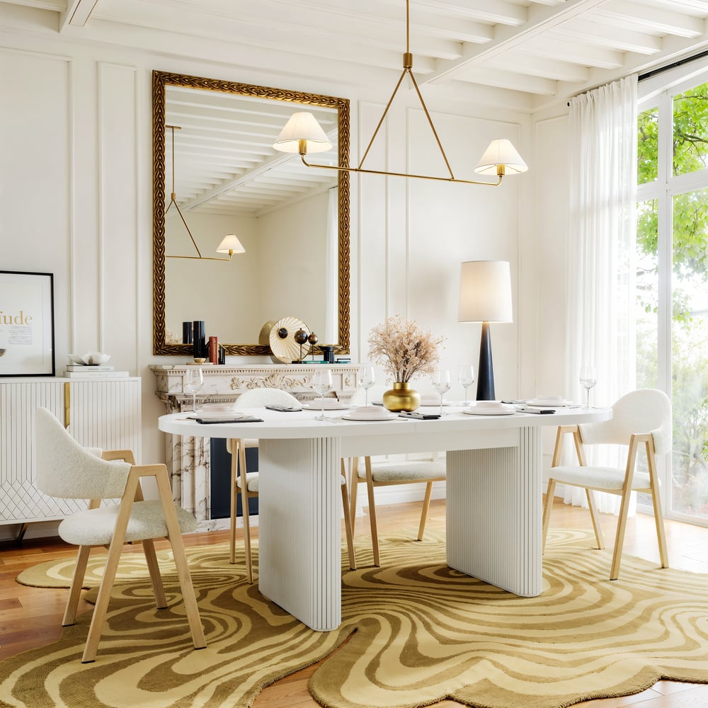 Set tavolo da pranzo ovale allungabile bianco e 4 sedie da pranzo Japandi da 1600 mm-2000 mm Immagine della finestra