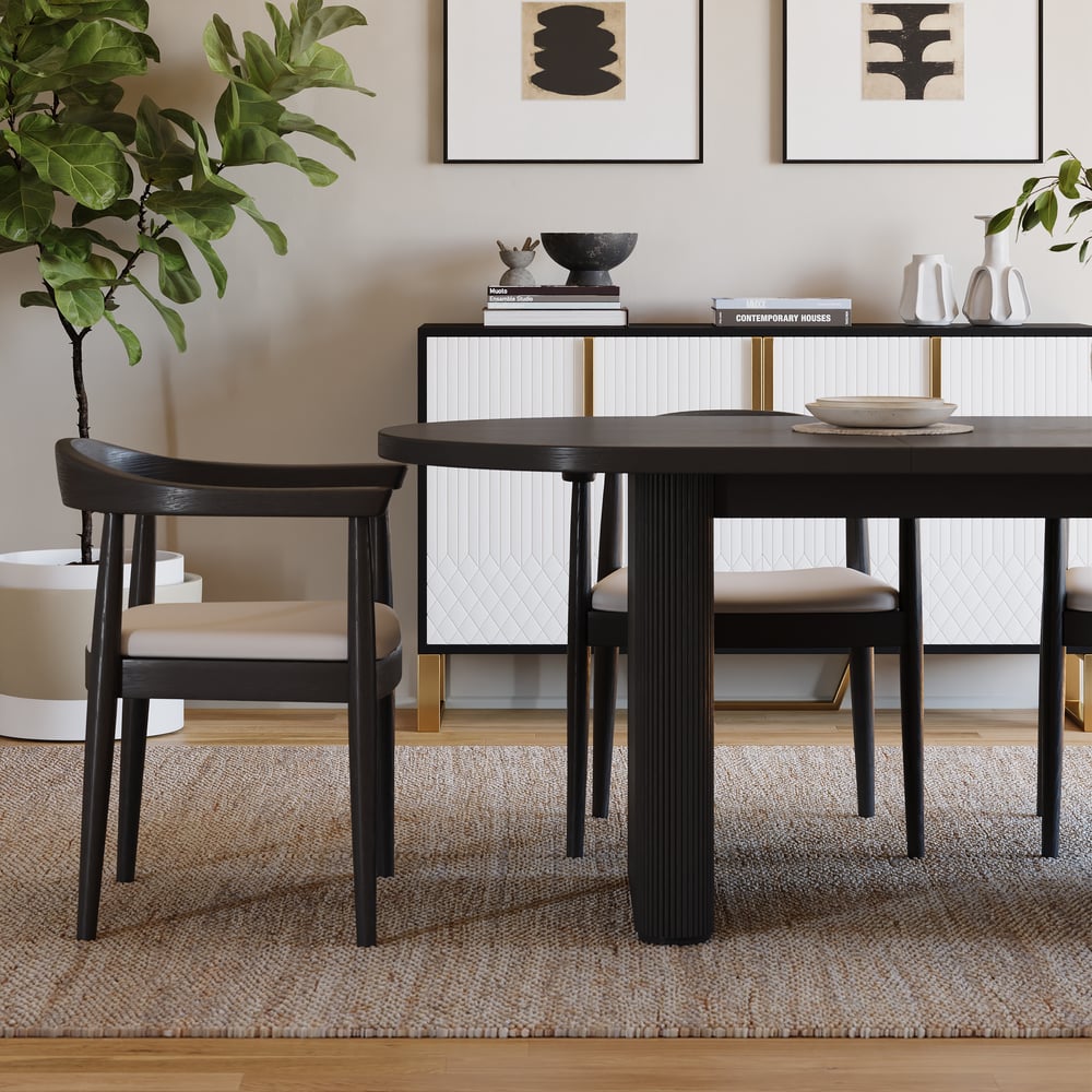 Japandi 1600mm-2000mm Oval Extendable Black Dining Table & 4 Dining Chair Set window image