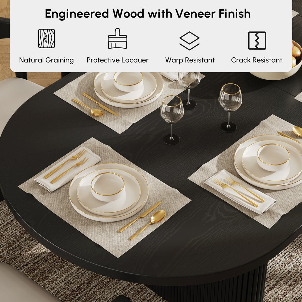 Dining Set 79"-94" Japandi Oval Extendable Dining Table Black with 8 Chairs window image