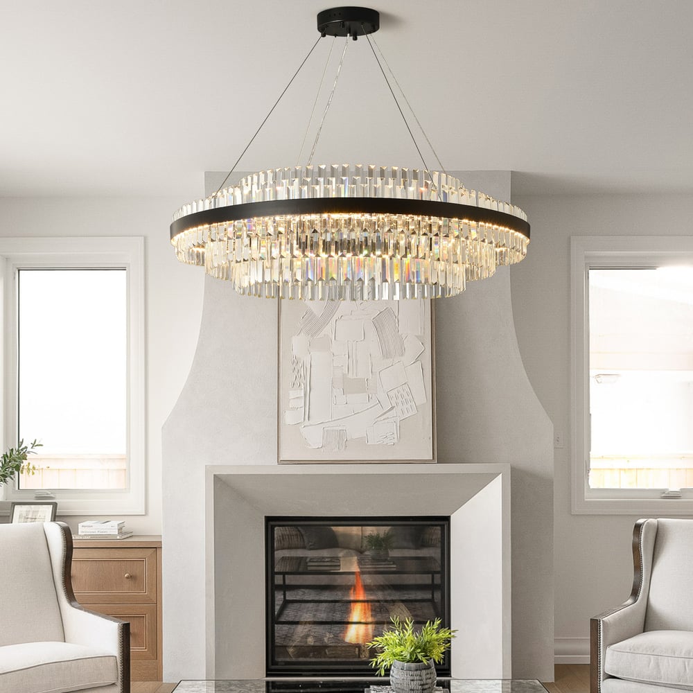 Fixedo Modern Tiered Crystal LED Chandelier in Black Light window image