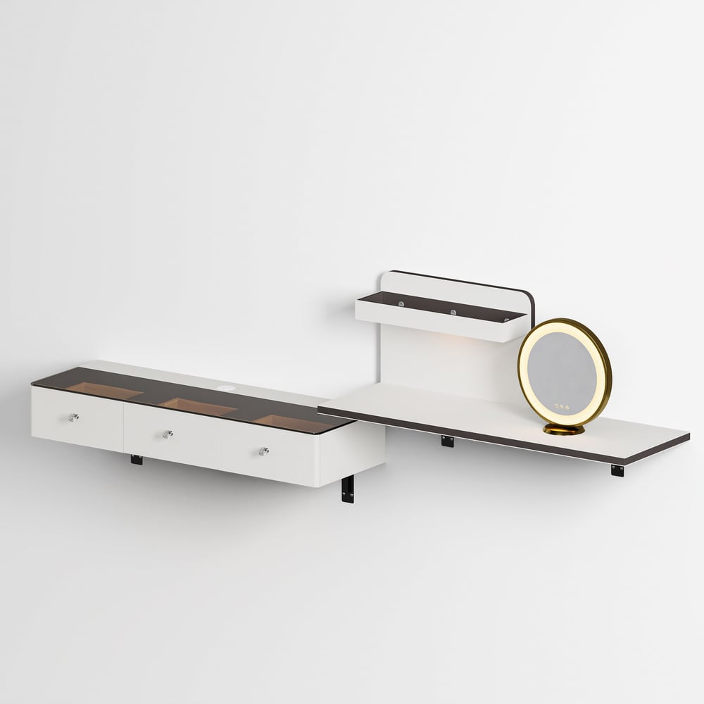 Saddle Leather Floating Makeup Vanity with Tempered Glass Top & Mirror window image