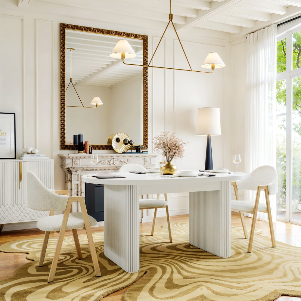 Set tavolo da pranzo ovale allungabile bianco e 4 sedie da pranzo Japandi da 1600 mm-2000 mm Immagine della finestra