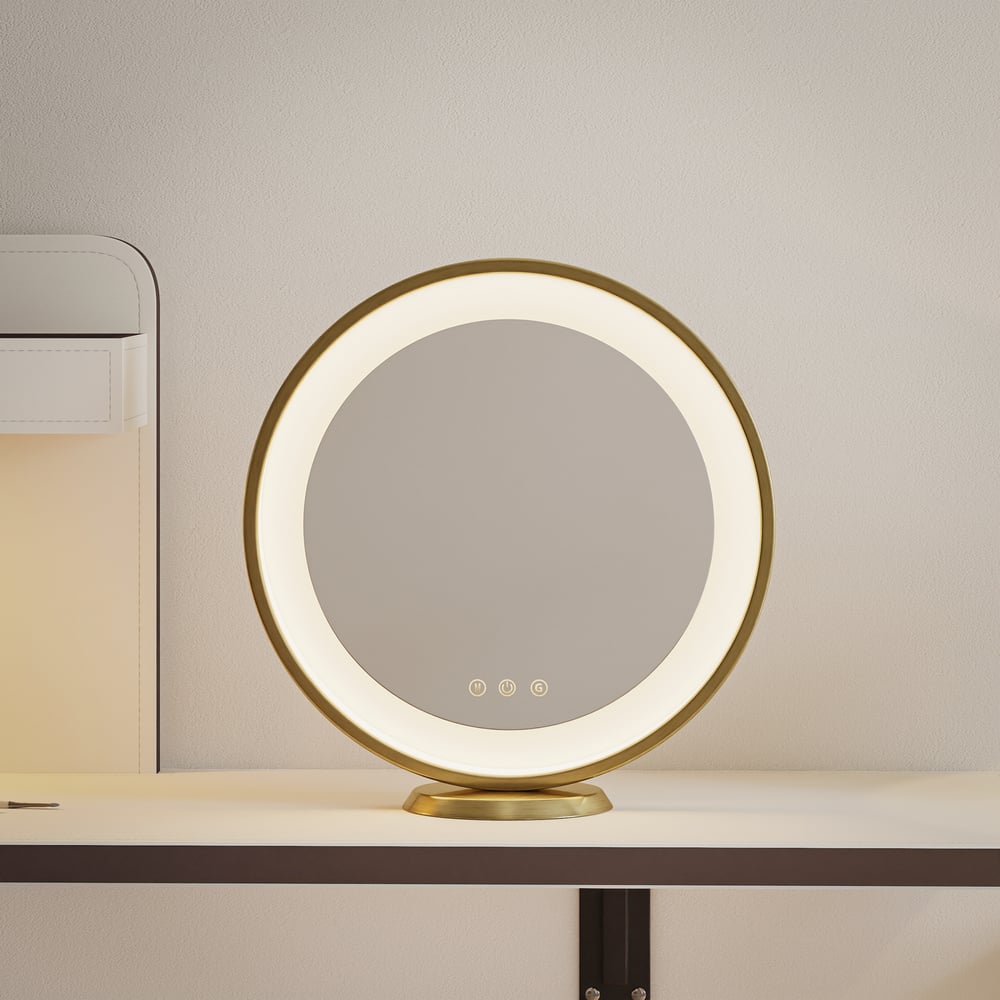 Saddle Leather Floating Makeup Vanity with Tempered Glass Top & Mirror window image