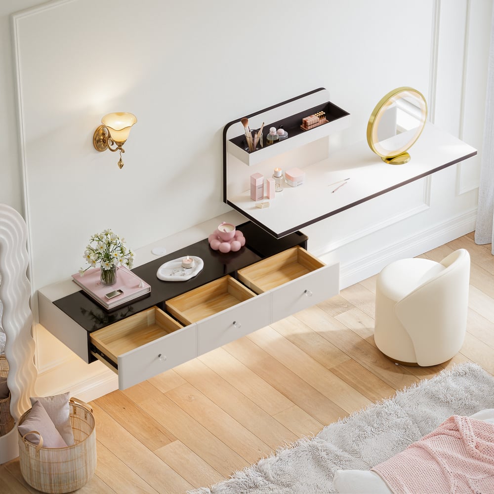 Saddle Leather Floating Makeup Vanity with Tempered Glass Top & Mirror window image