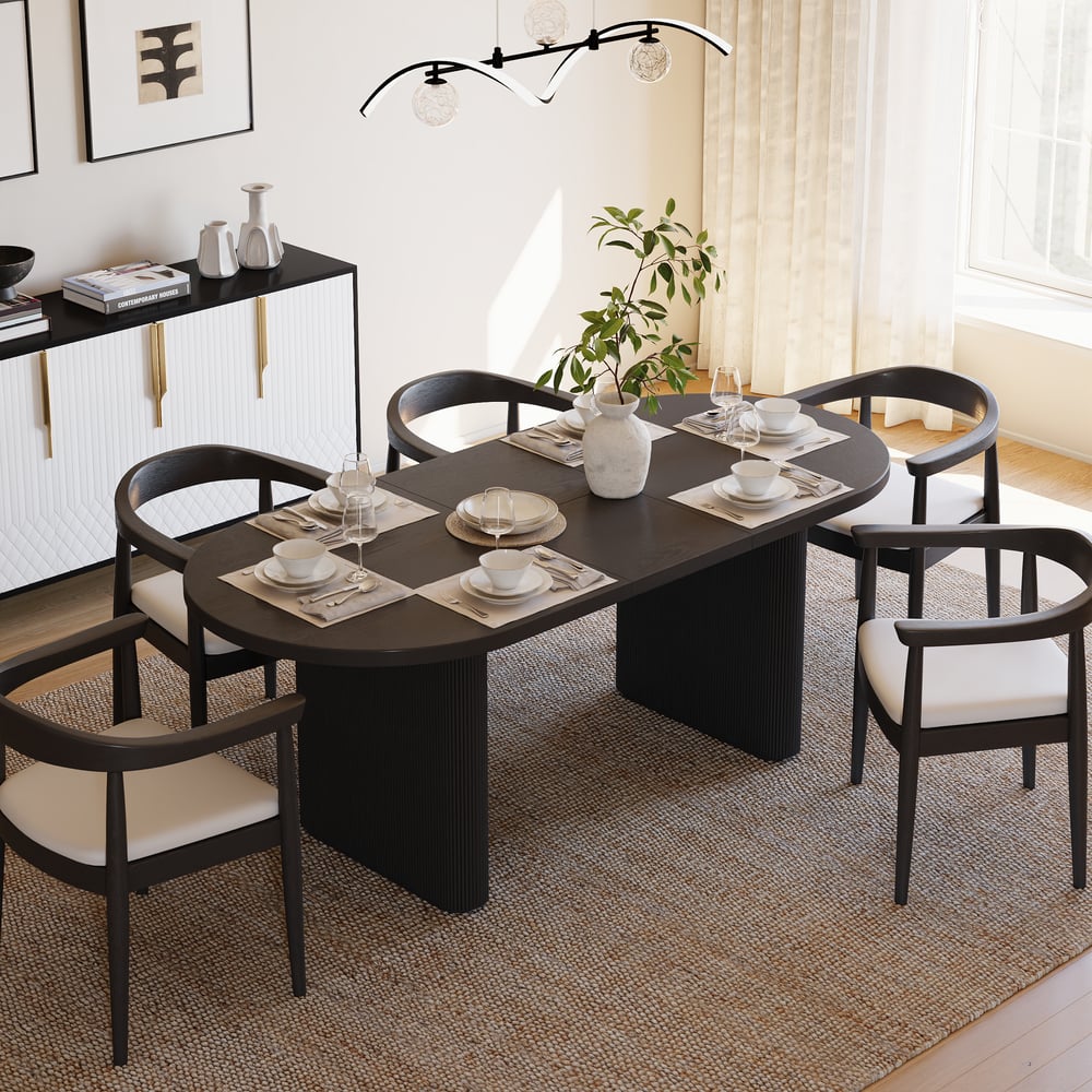 Dining Set 63"-79" Japandi Oval Extendable Dining Table Black with 6 Chairs window image