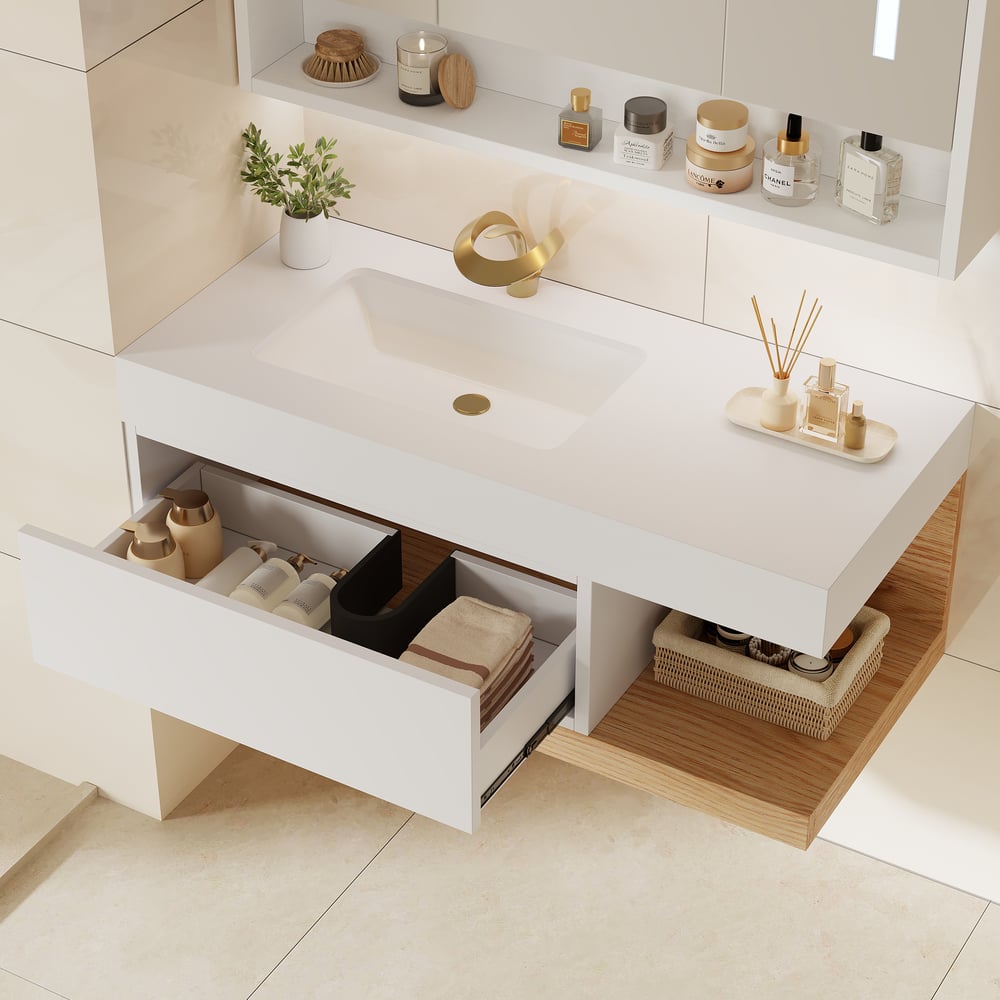 Vaidade de banheiro flutuante moderna de 1000 mm branca e natural com pia Imagem da janela