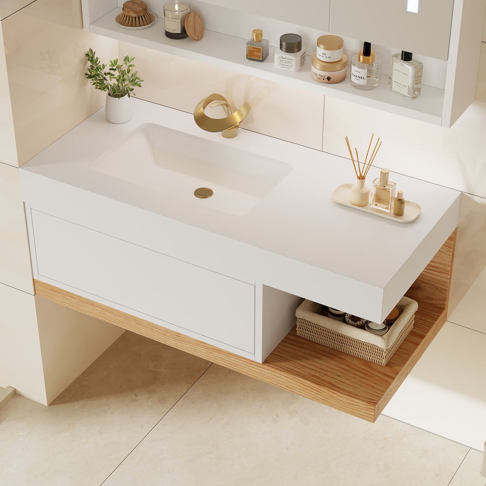 Vaidade de banheiro flutuante moderna de 1000 mm branca e natural com pia Imagem da janela