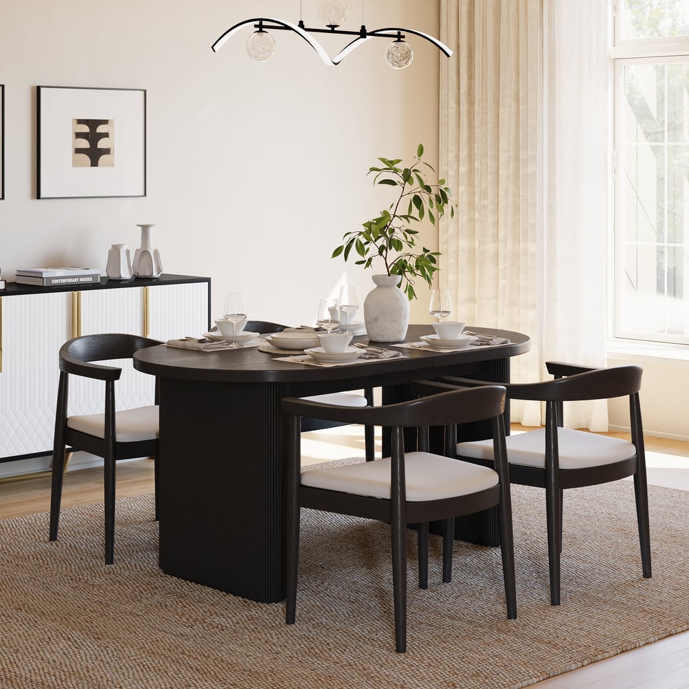 Japandi 1600mm-2000mm Oval Extendable Black Dining Table & 4 Dining Chair Set window image