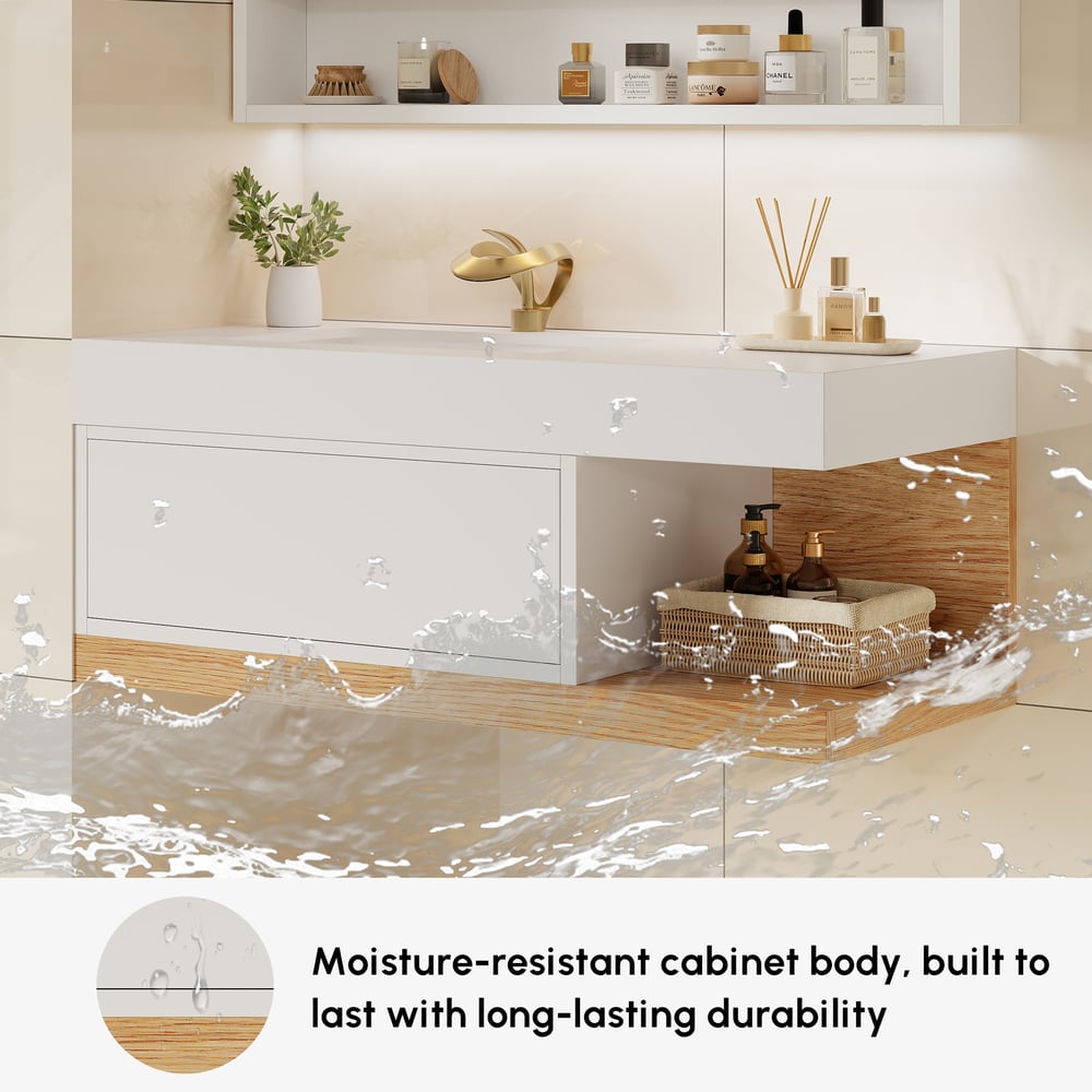Vaidade de banheiro flutuante moderna de 1000 mm branca e natural com pia Imagem da janela
