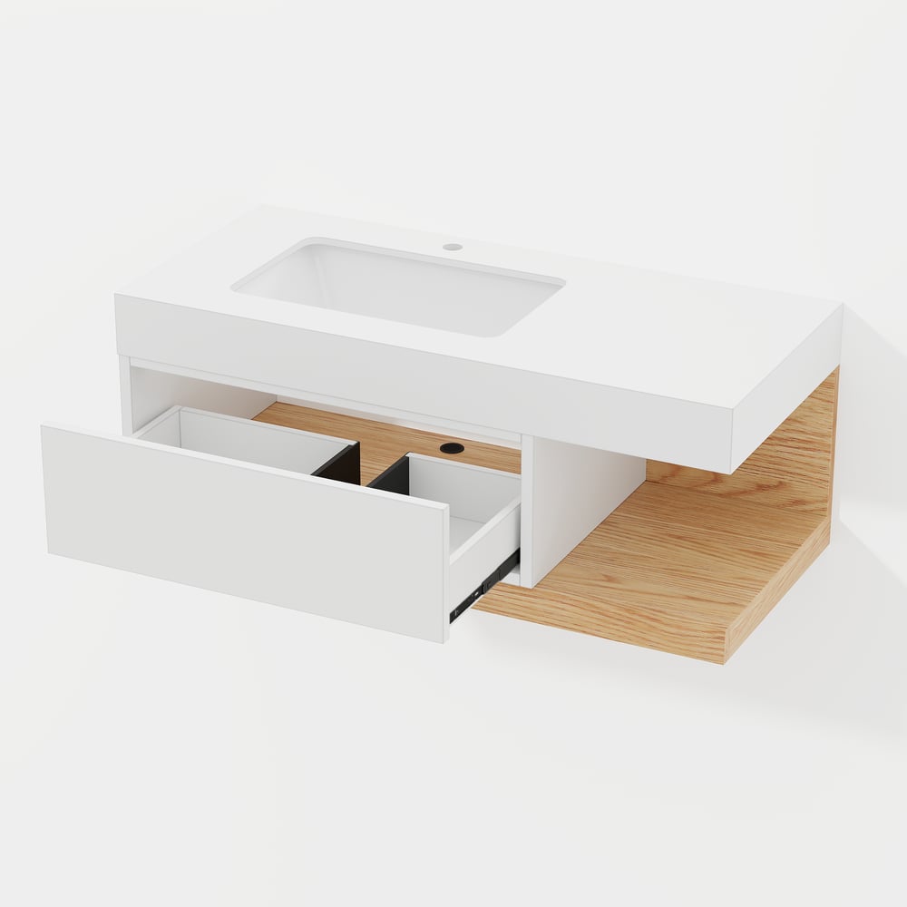 Vaidade de banheiro flutuante moderna de 1000 mm branca e natural com pia Imagem da janela