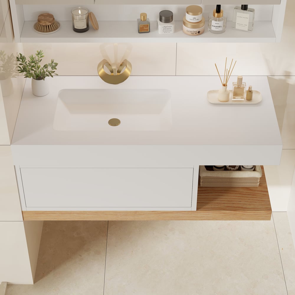 Vaidade de banheiro flutuante moderna de 1000 mm branca e natural com pia Imagem da janela