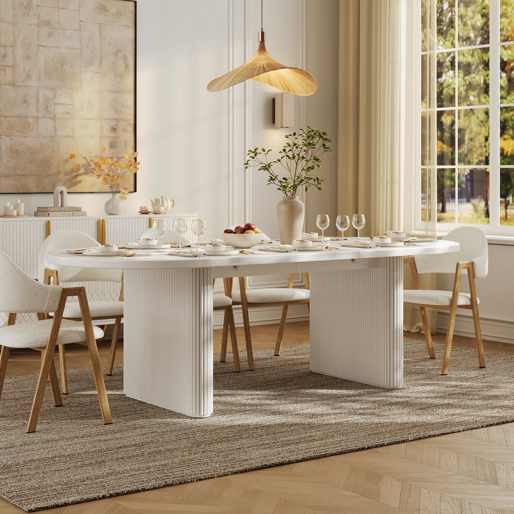 Japandi 2000mm-2400mm Oval Extendable White Dining Table & 8 Dining Chair Set window image