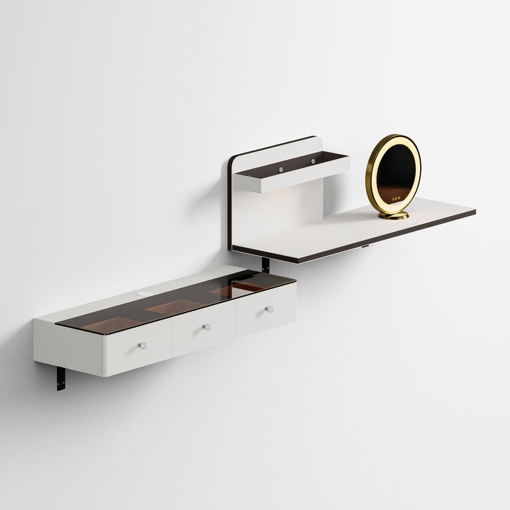 Saddle Leather Floating Makeup Vanity with Tempered Glass Top & Mirror window image