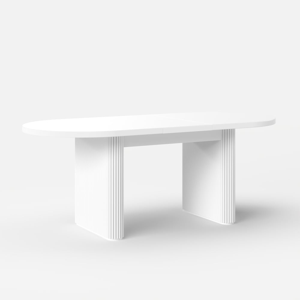 Ensemble table de salle à manger ovale extensible blanche Japandi 1600 mm à 2000 mm et 6 chaises de salle à manger image de fenêtre