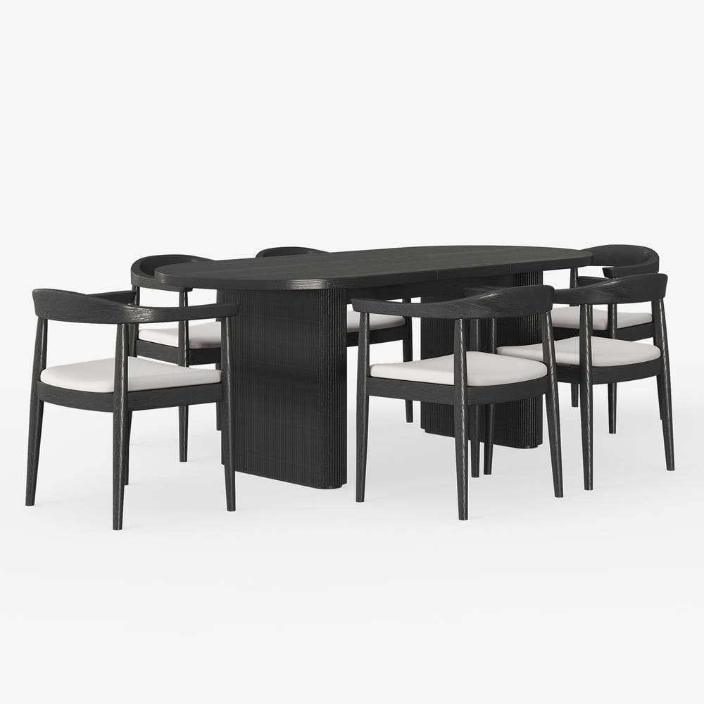 Dining Set 63"-79" Japandi Oval Extendable Dining Table Black with 6 Chairs window image