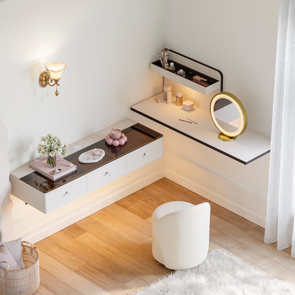 Saddle Leather Floating Makeup Vanity with Tempered Glass Top & Mirror window image