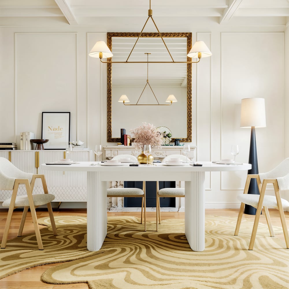 Set tavolo da pranzo ovale allungabile bianco e 4 sedie da pranzo Japandi da 1600 mm-2000 mm Immagine della finestra