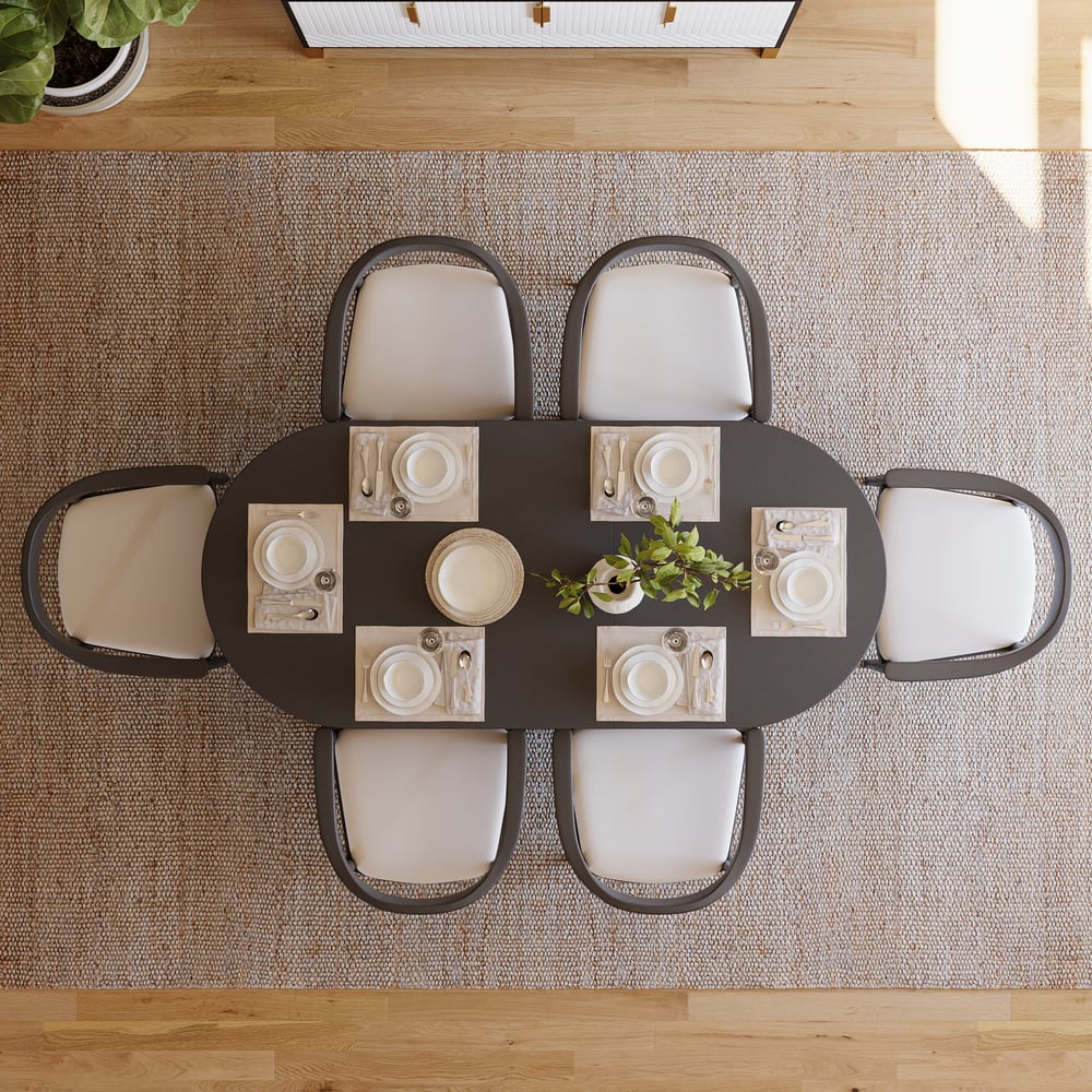 Dining Set 63"-79" Japandi Oval Extendable Dining Table Black with 6 Chairs window image