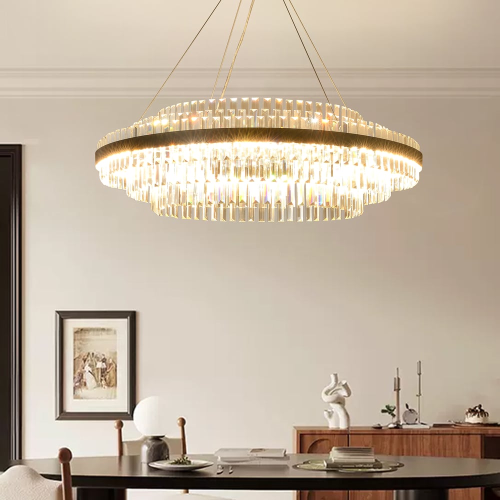 Fixedo Modern Tiered Crystal LED Chandelier in Black Light window image