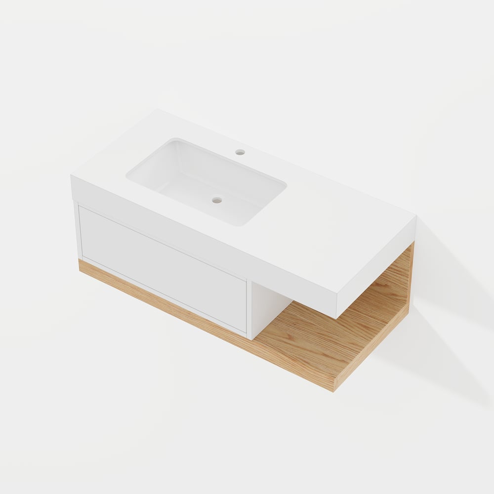 Vaidade de banheiro flutuante moderna de 1000 mm branca e natural com pia Imagem da janela