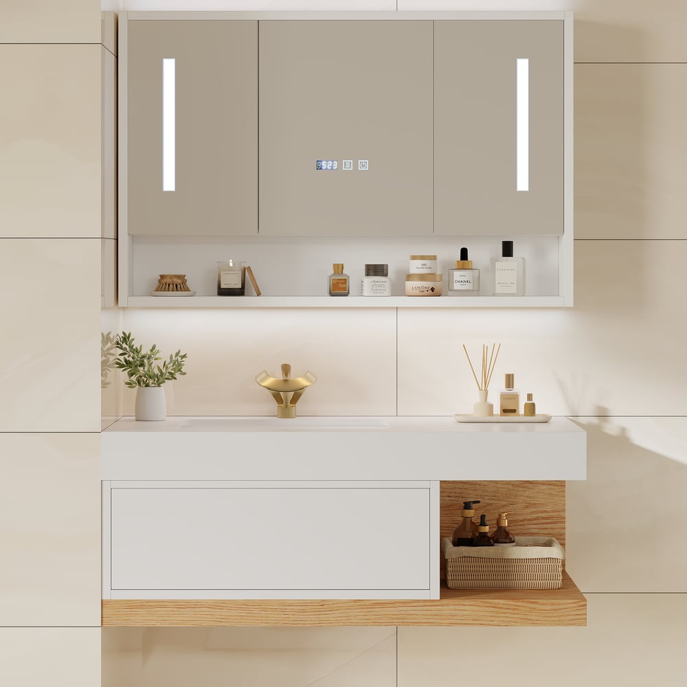 Vaidade de banheiro flutuante moderna de 1000 mm branca e natural com pia Imagem da janela