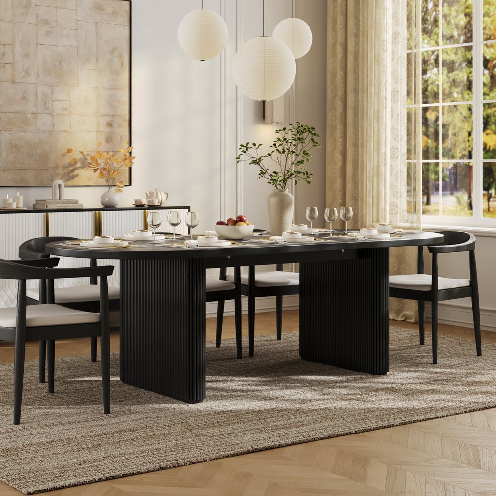 Dining Set 79"-94" Japandi Oval Extendable Dining Table Black with 8 Chairs window image
