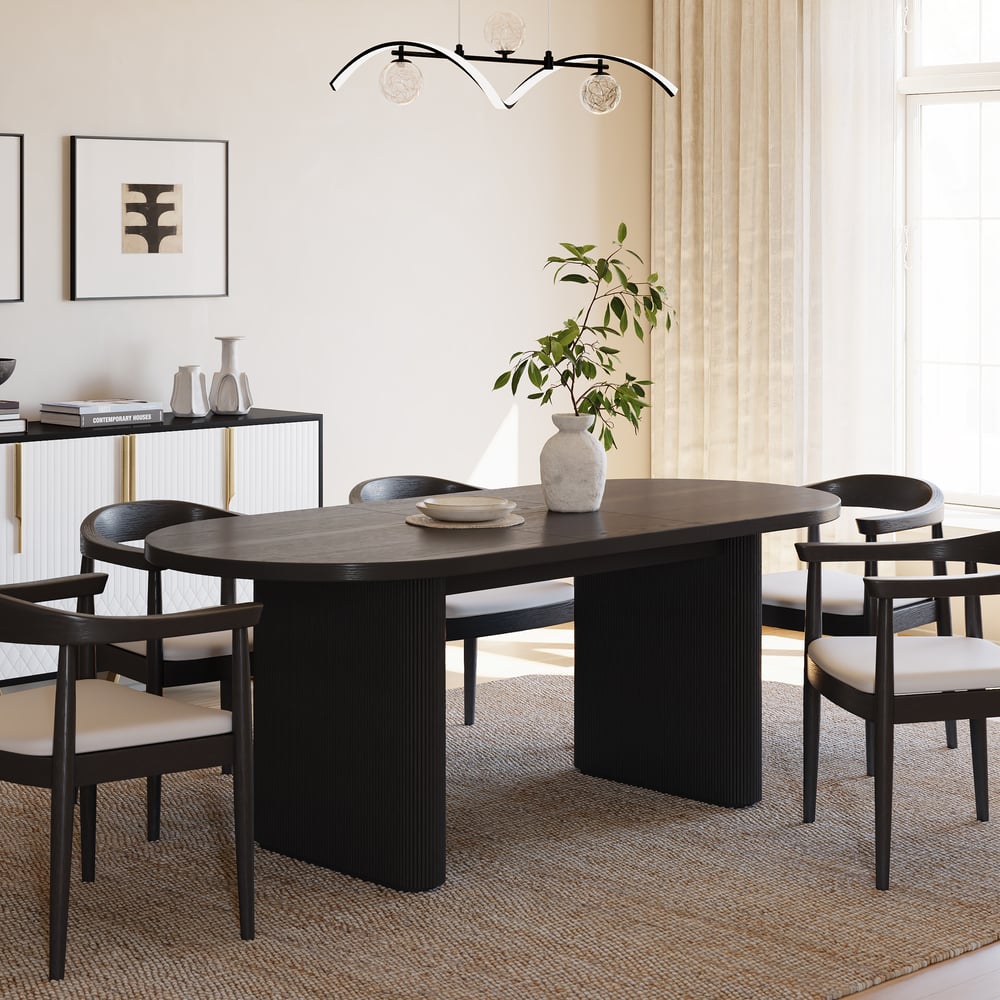 Dining Set 63"-79" Japandi Oval Extendable Dining Table Black with 6 Chairs window image