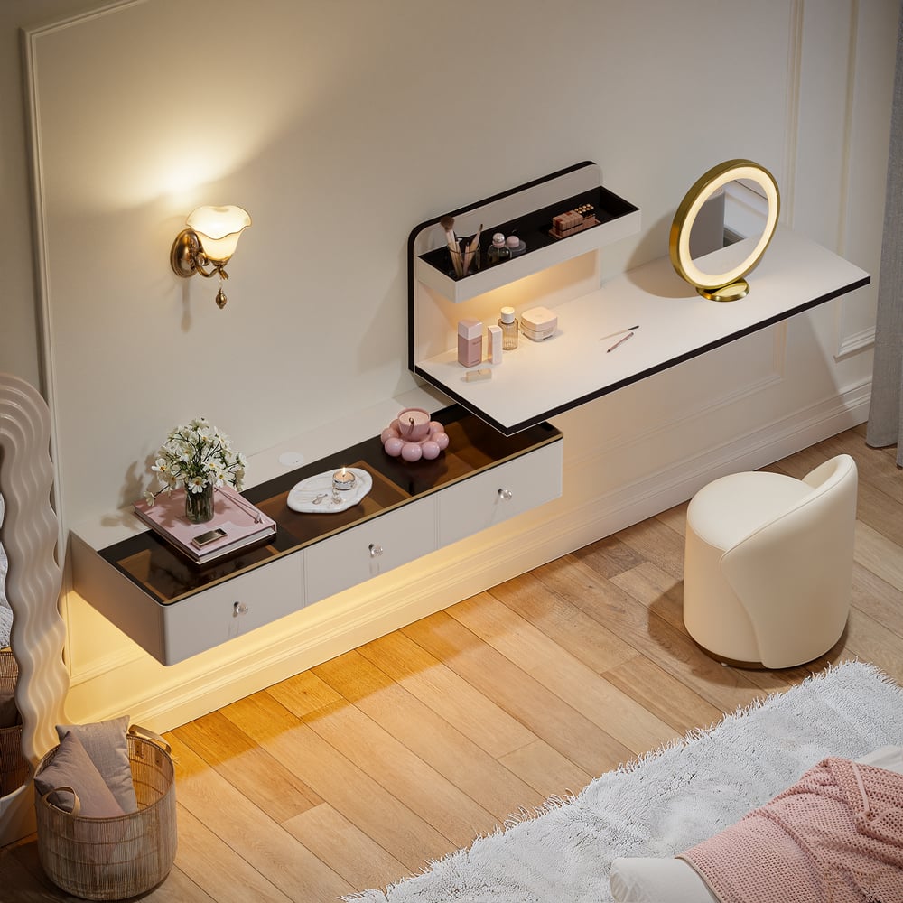 Saddle Leather Floating Makeup Vanity with Tempered Glass Top & Mirror window image