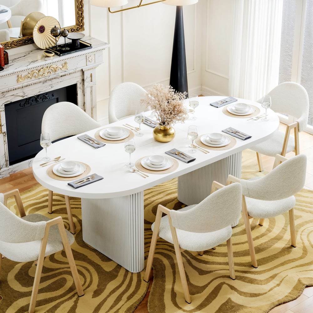 Ensemble table de salle à manger ovale extensible blanche Japandi 1600 mm à 2000 mm et 6 chaises de salle à manger image de fenêtre