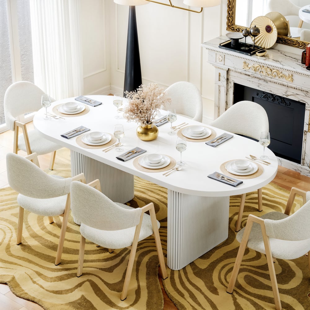 Ensemble table de salle à manger ovale extensible blanche Japandi 1600 mm à 2000 mm et 6 chaises de salle à manger image de fenêtre