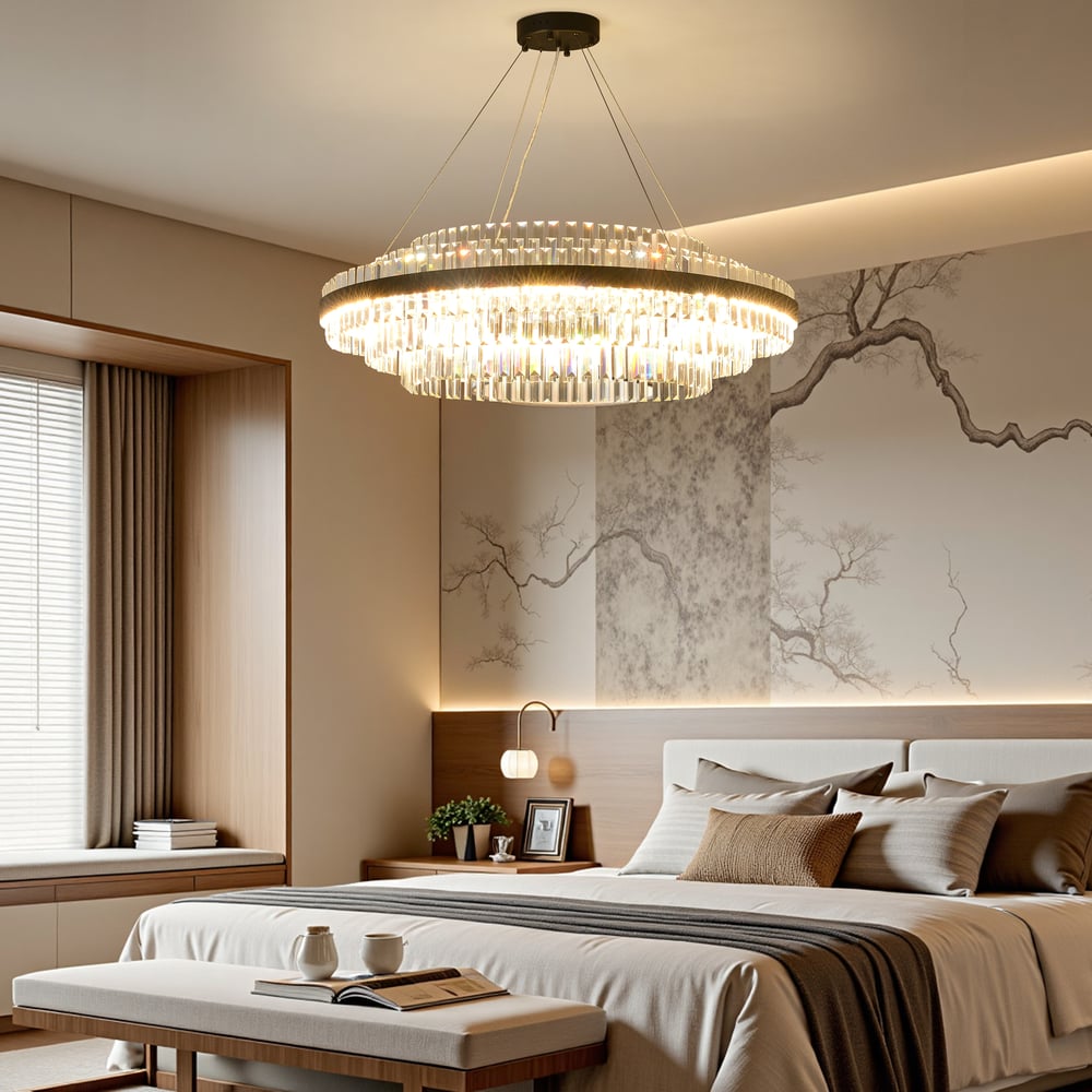 Fixedo Modern Tiered Crystal LED Chandelier in Black Light window image