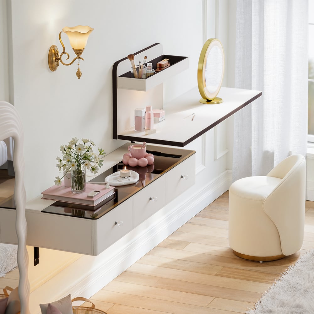 Saddle Leather Floating Makeup Vanity with Tempered Glass Top & Mirror window image