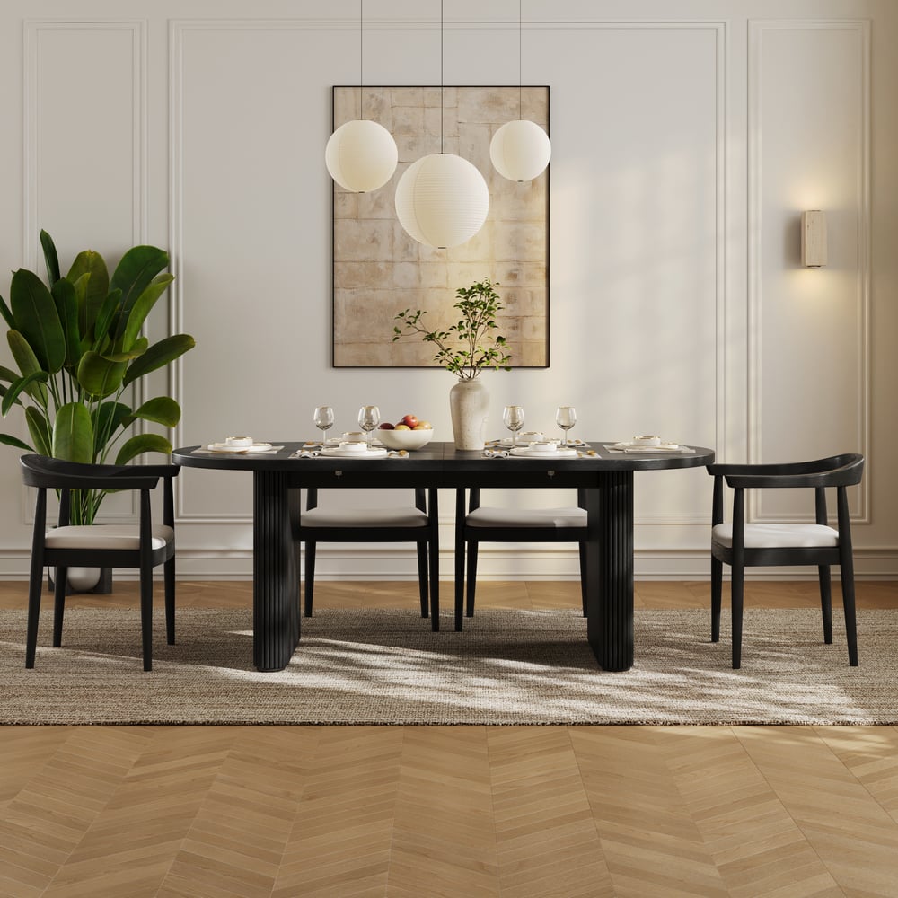 Dining Set 79"-94" Japandi Oval Extendable Dining Table Black with 8 Chairs window image