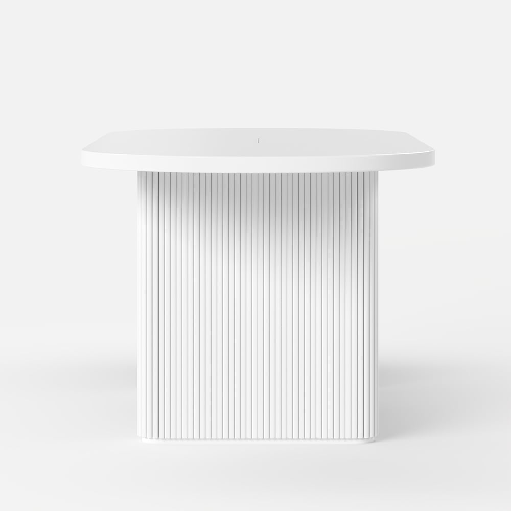 Ensemble table de salle à manger ovale extensible blanche Japandi 1600 mm à 2000 mm et 6 chaises de salle à manger image de fenêtre