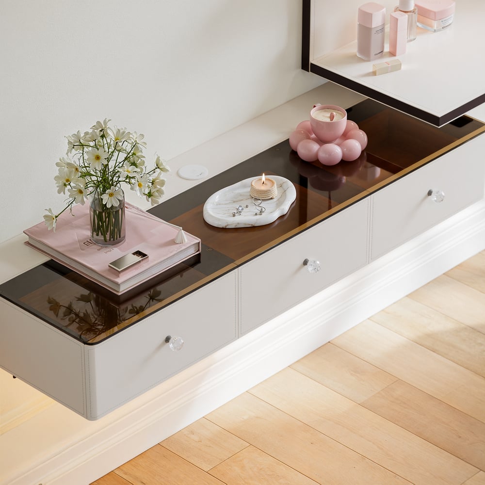 Saddle Leather Floating Makeup Vanity with Tempered Glass Top & Mirror window image