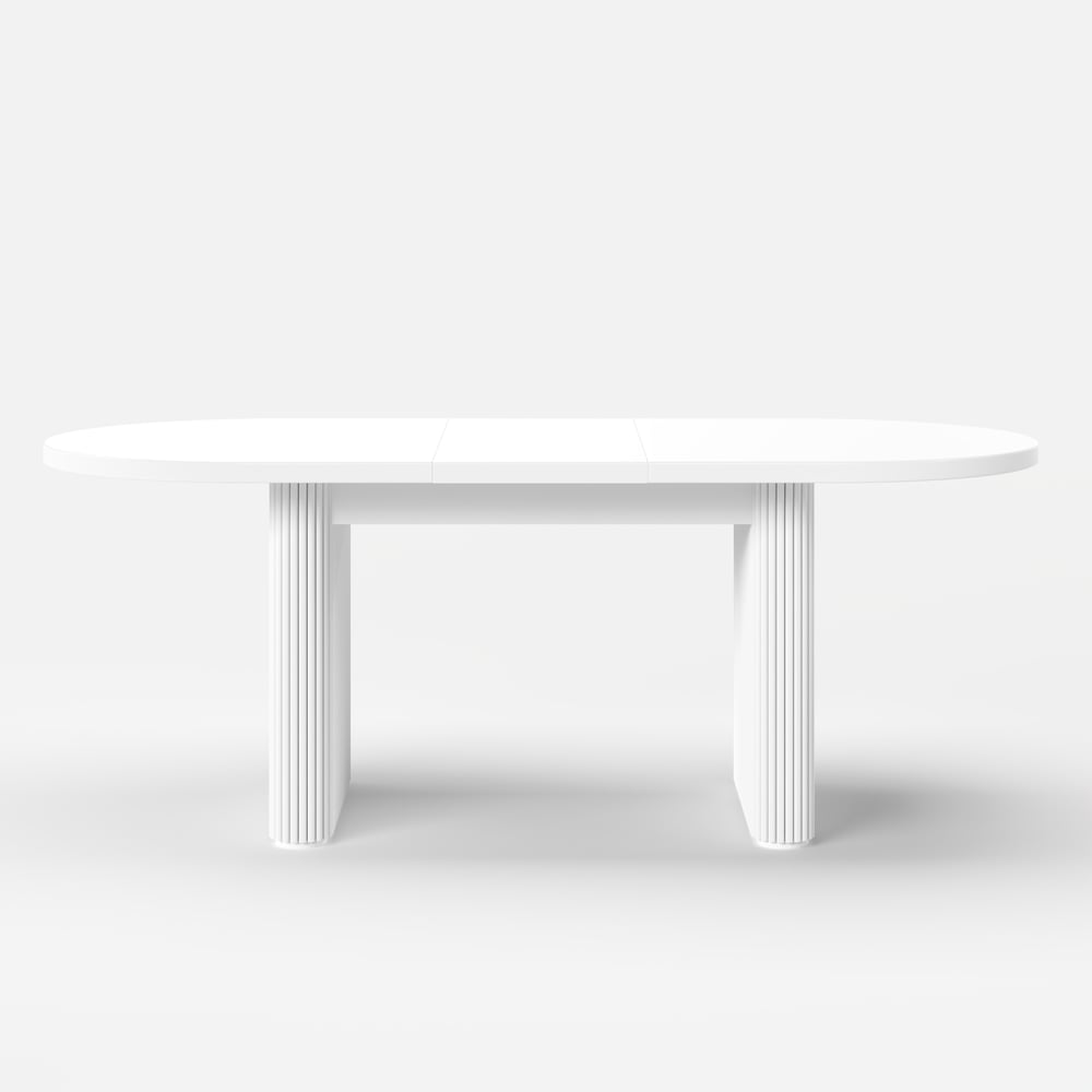 Ensemble table de salle à manger ovale extensible blanche Japandi 1600 mm à 2000 mm et 6 chaises de salle à manger image de fenêtre