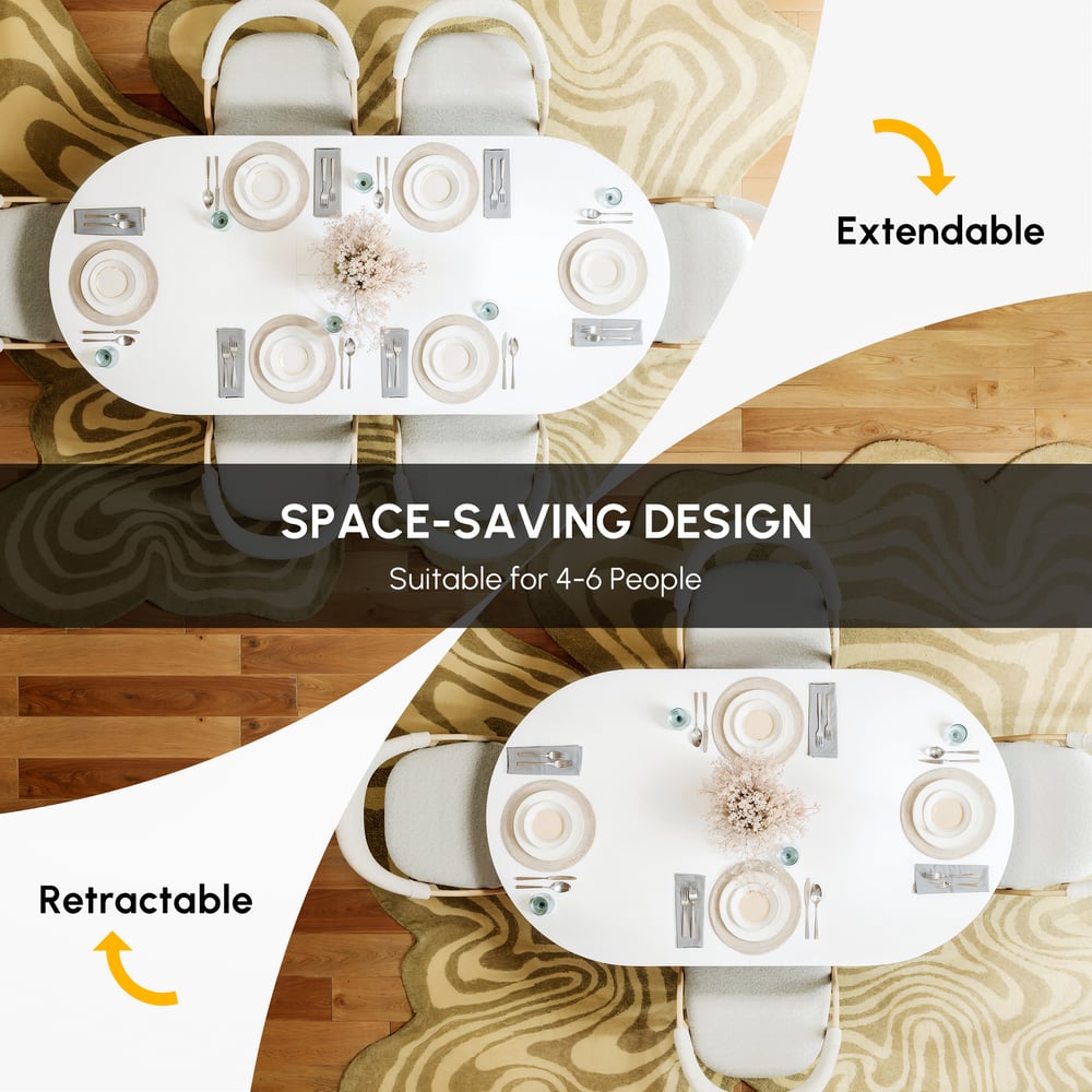 Ensemble table de salle à manger ovale extensible blanche Japandi 1600 mm à 2000 mm et 6 chaises de salle à manger image de fenêtre