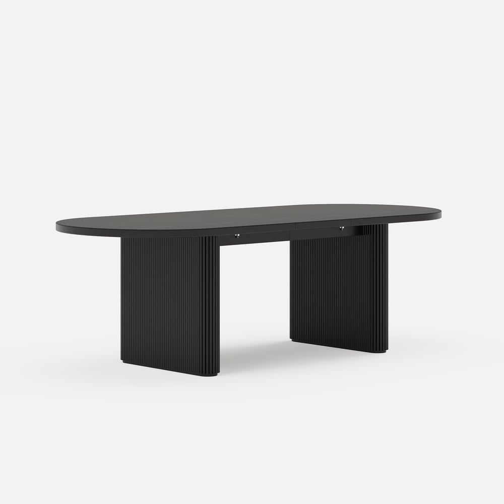Dining Set 79"-94" Japandi Oval Extendable Dining Table Black with 8 Chairs window image