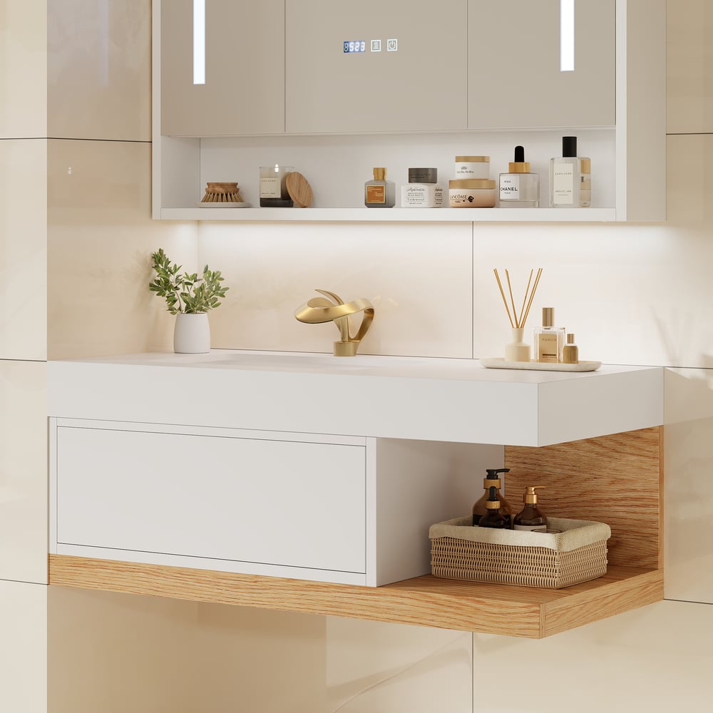 Vaidade de banheiro flutuante moderna de 1000 mm branca e natural com pia Imagem da janela