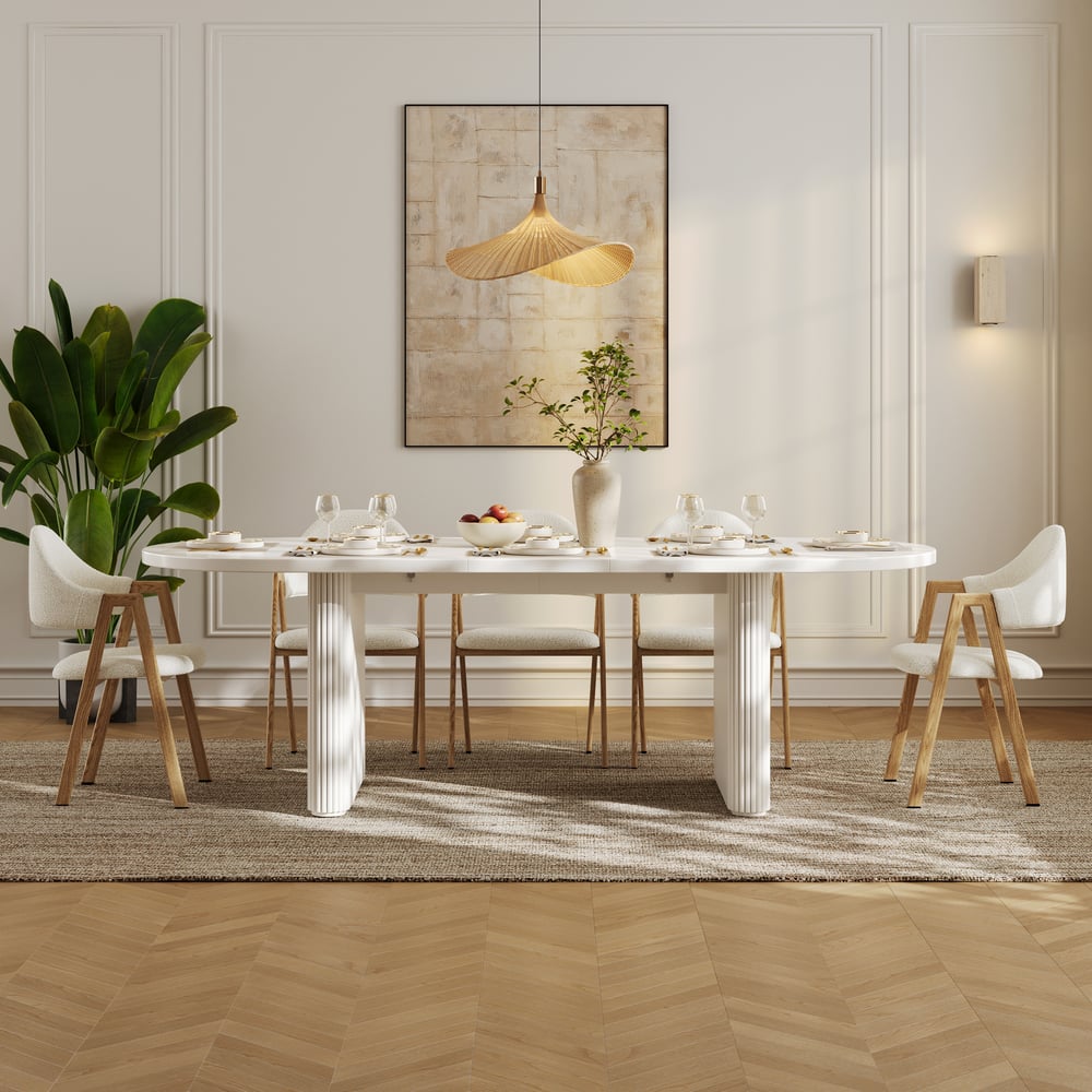 Japandi 2000mm-2400mm Oval Extendable White Dining Table & 8 Dining Chair Set window image