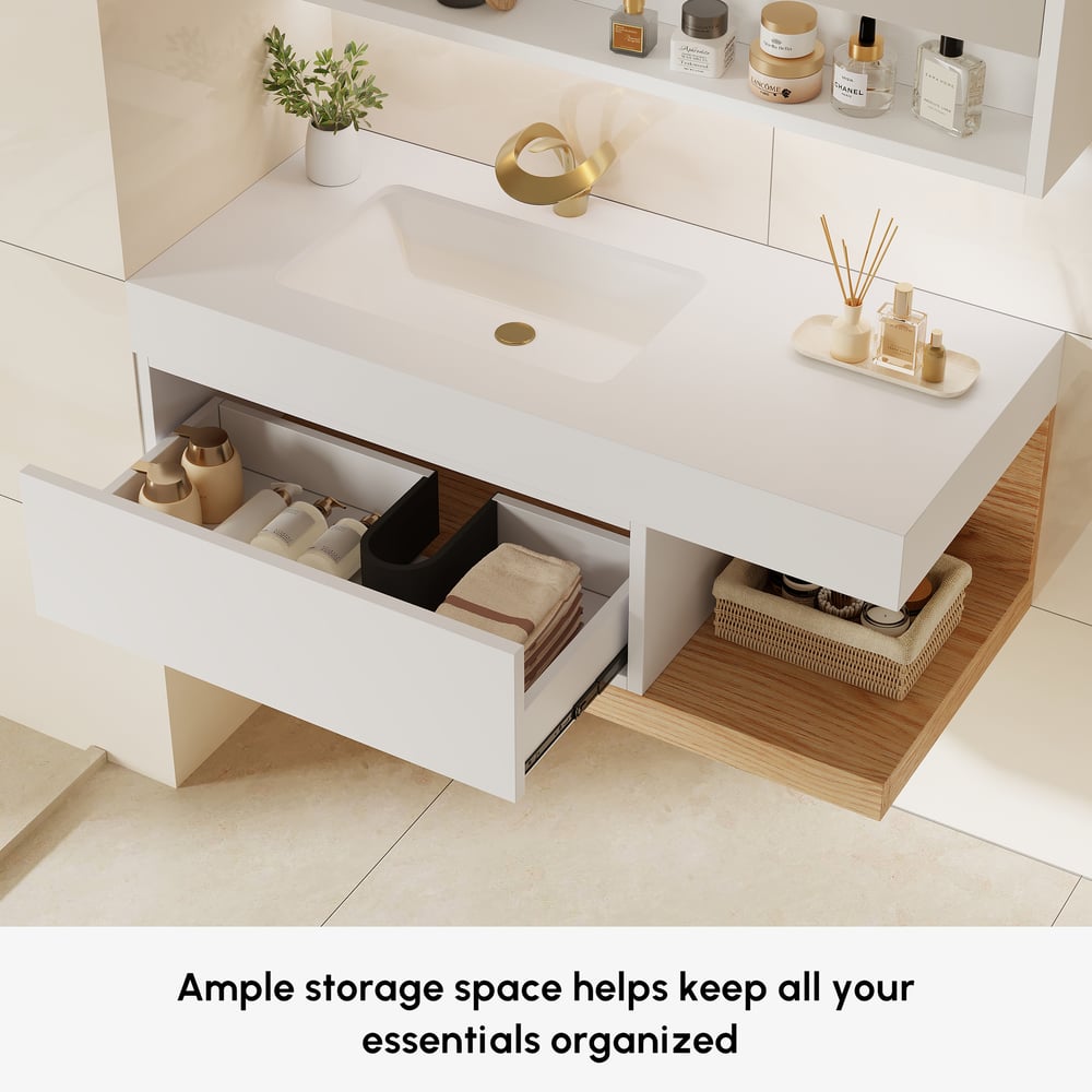 Vaidade de banheiro flutuante moderna de 1000 mm branca e natural com pia Imagem da janela